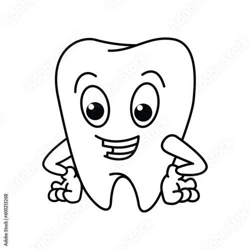 Funny tooth cartoon characters vector illustration. For kids coloring book.