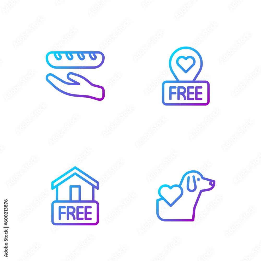 Set line Heart with dog, Free home delivery, Donation food and Location heart. Gradient color icons. Vector Set line Heart with dog, Free home delivery, Donation food and Location heart. Gradient color icons. Vector