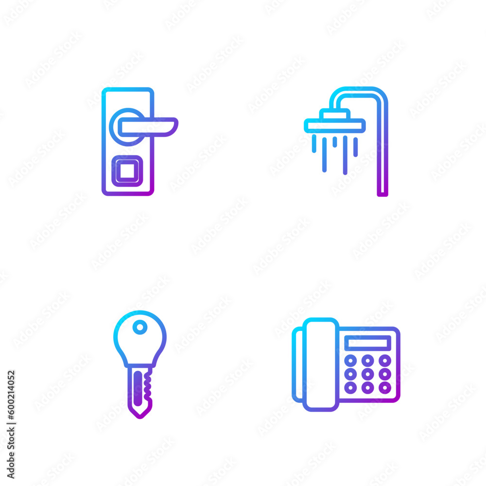 Set line Telephone handset, Hotel door lock key, Digital and Shower. Gradient color icons. Vector Set line Telephone handset, Hotel door lock key, Digital and Shower. Gradient color icons. Vector