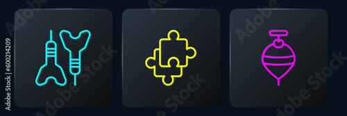 Set line Dart arrow, Whirligig toy and Puzzle pieces. Black square button. Vector