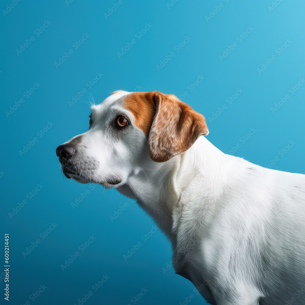 Dog sad peeks cautiously of a blue background , animal mockup, ai generative