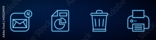 Set line Trash can, Envelope, Document with graph chart and Printer. Glowing neon icon on brick wall. Vector