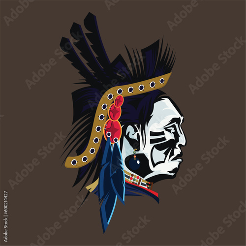 Proud Native American Indians powwow Chief Powerful Portrait with Dream Catchers and Mountains on Background Vector Logo apache Illustration