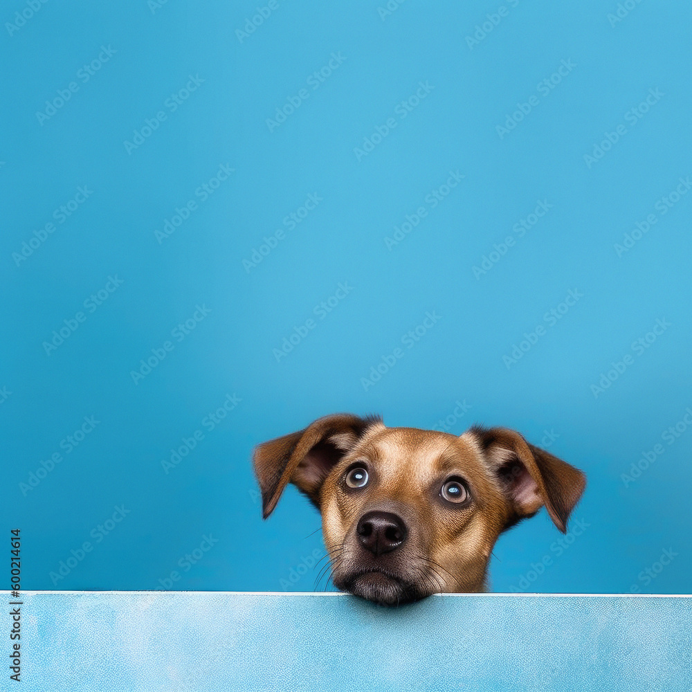 Dog sad peeks cautiously of a blue background , animal mockup, ai generative