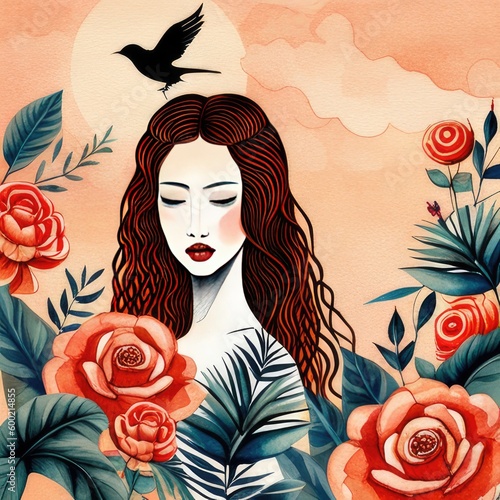 Beautiful girl with red roses and birds. Watercolor illustration. Generative AI.