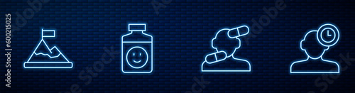 Set line Sedative pills, Mountains with flag on top, Antidepressants and Insomnia. Glowing neon icon on brick wall. Vector