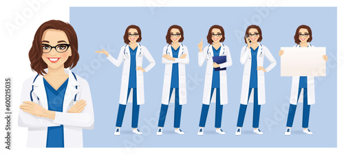 Female woman doctor or nurse character set in different poses. Various gestures - standing, pointing, showing, talking on the phone, holding empty blank board vector illustration photo
