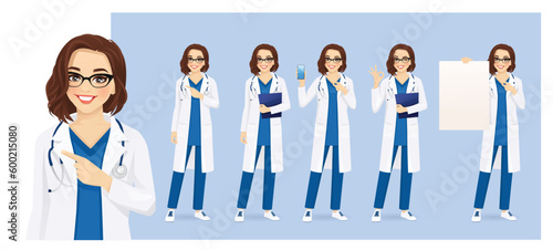 Female woman doctor or nurse character set in different poses. Various gestures - standing, pointing, showing, showing ok sign, holding empty blank board vector illustration