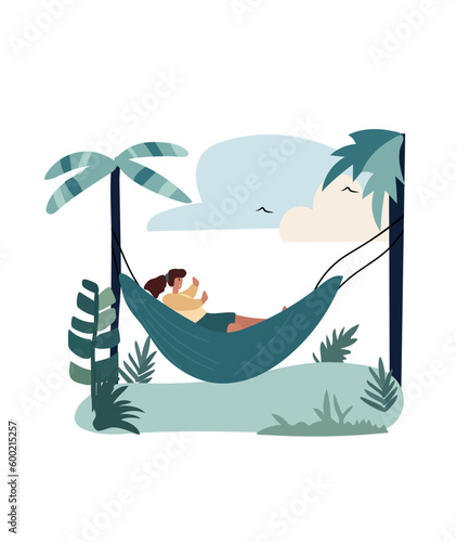 Young woman in a hat reclining in coastal hammocks, savoring sunny and alfresco. Relishing leisure moments or staying productive. Concept vacation and happiness. Vector.