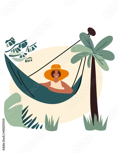 Young woman in a hat reclining in coastal hammocks, savoring sunny and alfresco. Relishing leisure moments or staying productive. Concept vacation and happiness. Vector.