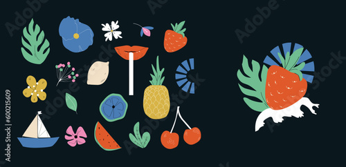 A set of cute summer elements: flowers, leaves, fruits. Suitable for a summer poster, postcard, set of stickers. Hand drawn vector.