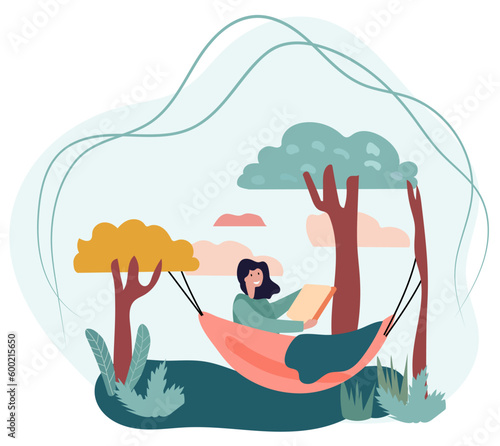 People reclining in coastal hammocks, savoring sunny and read books and alfresco . Delighting in downtime or maintaining efficiency while nestled in snug suspended seats. Vector.