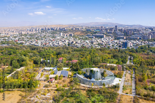 Aerial view of Botanical garden gate on sunny day. Yerevan, Armenia.