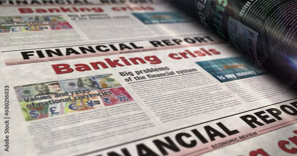 Banking crisis economy finance and global recession daily news newspaper roll printing. Abstract concept retro headlines 3d seamless looped. Banking crisis economy finance and global recession daily news newspaper roll printing. Abstract concept retro headlines 3d seamless looped.