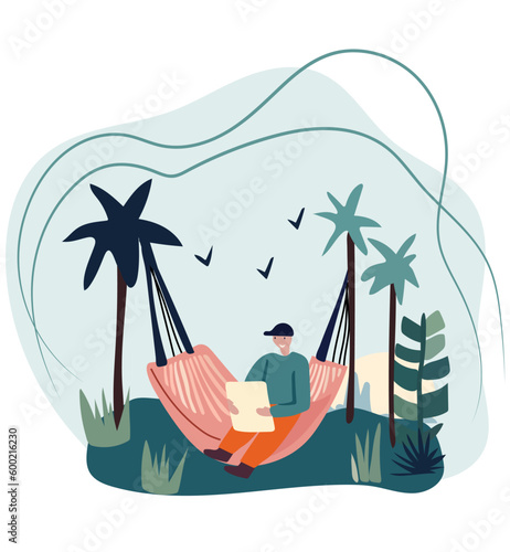 People reclining in coastal hammocks, savoring sunny and read books and alfresco . Delighting in downtime or maintaining efficiency while nestled in snug suspended seats. Vector.
