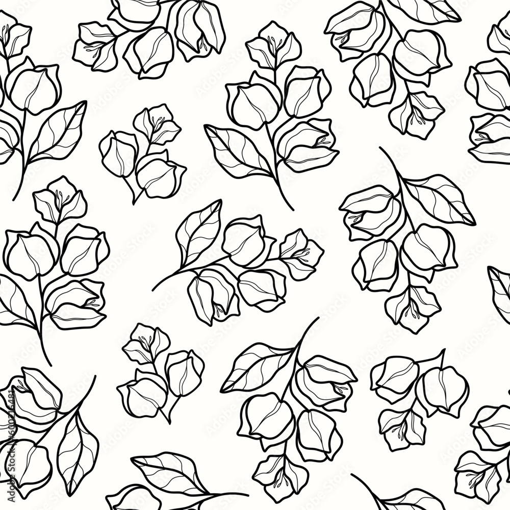 Line art bougainvillea flower seamless pattern