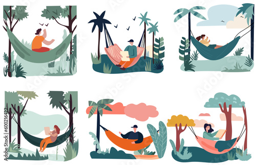 Individuals unwinding and resting in hammocks during a summertime getaway. Engaging in leisure activities such as reading, or working while suspended in cozy swings, surrounded by natures beauty.