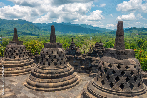 Ancient ruins of Borobudur, (Candi Borobudur) a 9th-century Mahayana Buddhist temple in Magelang Regency, Central Java, Indonesia