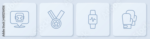 Set line Boxing helmet, Smart watch with heart, Medal and glove. White square button. Vector