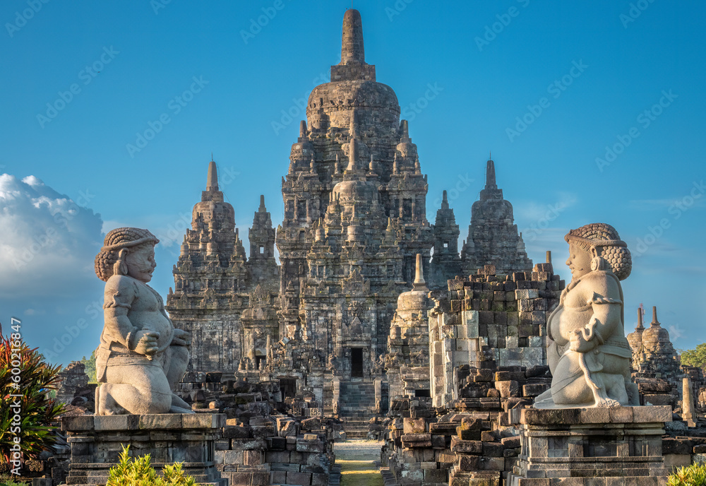 Ancient temple ruins of Sewu (candi sewu), an eighth century Mahayana Buddhist temple complex, north of Prambanan, Central Java, Indonesia. - obrazy, fototapety, plakaty 