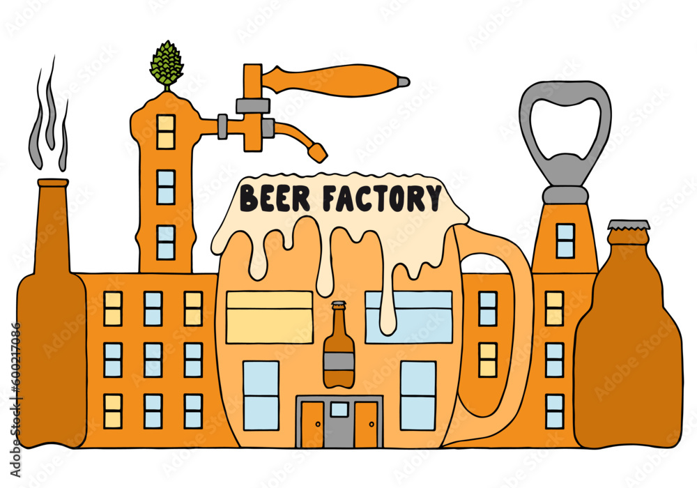 Interesting brewery in doodle style. Beer production. Beer industry