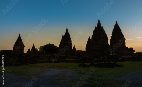 Sunset over the ancient temple ruins of Prambanan  Candi Prambanan  a 9th-century Mahayana Buddhist temple complex  central Java  Indonesia