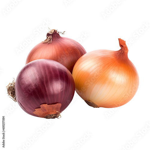 three assorted onions isolated on a transparent background, generative ai