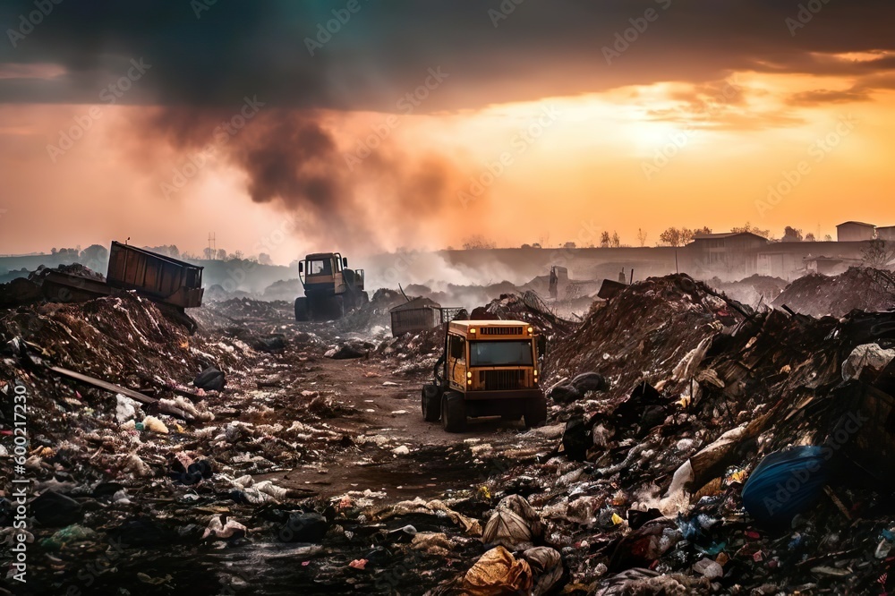 A photograph of a landfill overflowing with garbage and waste ai A photograph of a landfill overflowing with garbage and waste ai