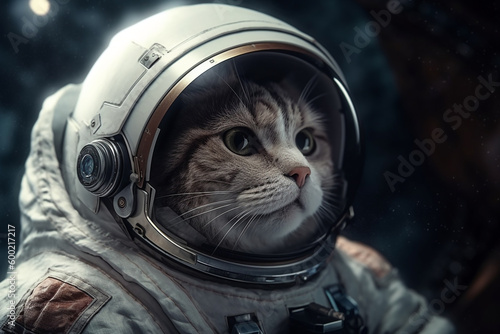 Beautiful cat astronaut in space suit. Generative AI