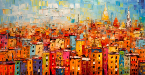 Crédence de cuisine Rouge Oil paintings city landscape. Colorful thick impasto, city landscape painting, background of paint.  © yaroslavartist