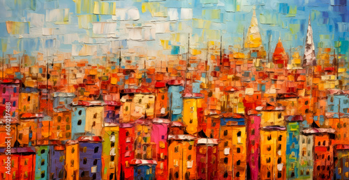 Oil paintings city landscape. Colorful thick impasto, city landscape painting, background of paint. © yaroslavartist