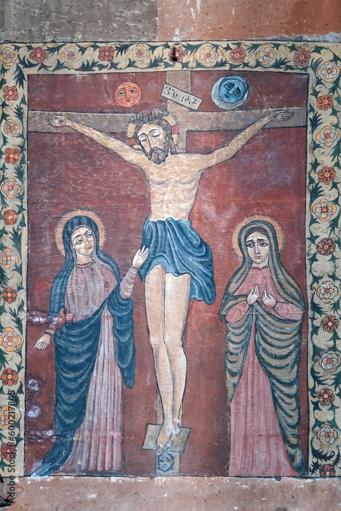 Crucified Jesus. Detail of frescoes in Surb Hakob Church of Kanaker. Yerevan, Armenia.