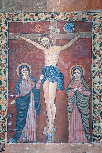 Crucified Jesus. Detail of frescoes in Surb Hakob Church of Kanaker. Yerevan, Armenia.