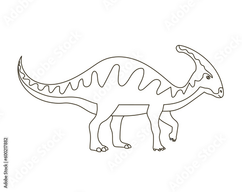 Ancient lizard parasaurolophus. Prehistoric pangolin. Herbivorous dinosaur of the Jurassic period. Head and large horn. Vector cartoon illustration. Black and white line. Coloring page for kids