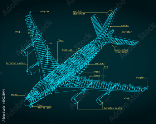 Large passenger plane isometric blueprint