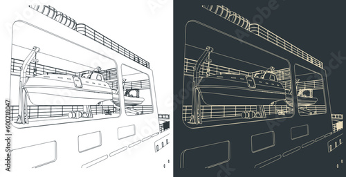 Rescue boats aboard a large ship close-up