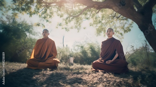 Light falls on Two monks meditating in lotus position under a green tree, Generative AI