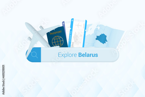 Searching tickets to Belarus or travel destination in Belarus. Searching bar with airplane, passport, boarding pass, tickets and map.
