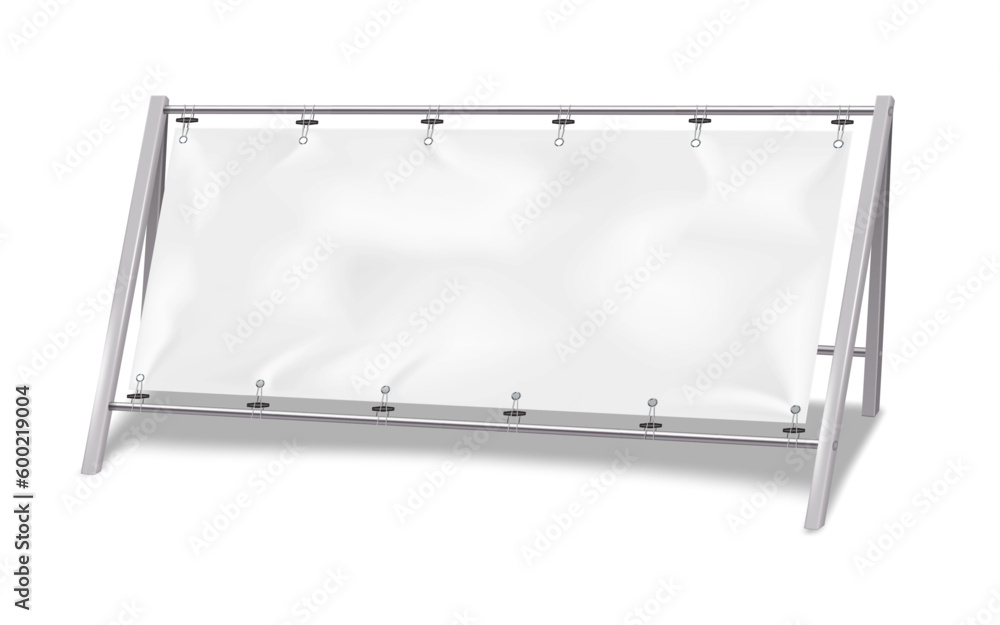 White blank horizontal advertising banner on metal a-frame realistic vector mockup. Empty portable display stand mock-up. Template for design White blank horizontal advertising banner on metal a-frame realistic vector mockup. Empty portable display stand mock-up. Template for design