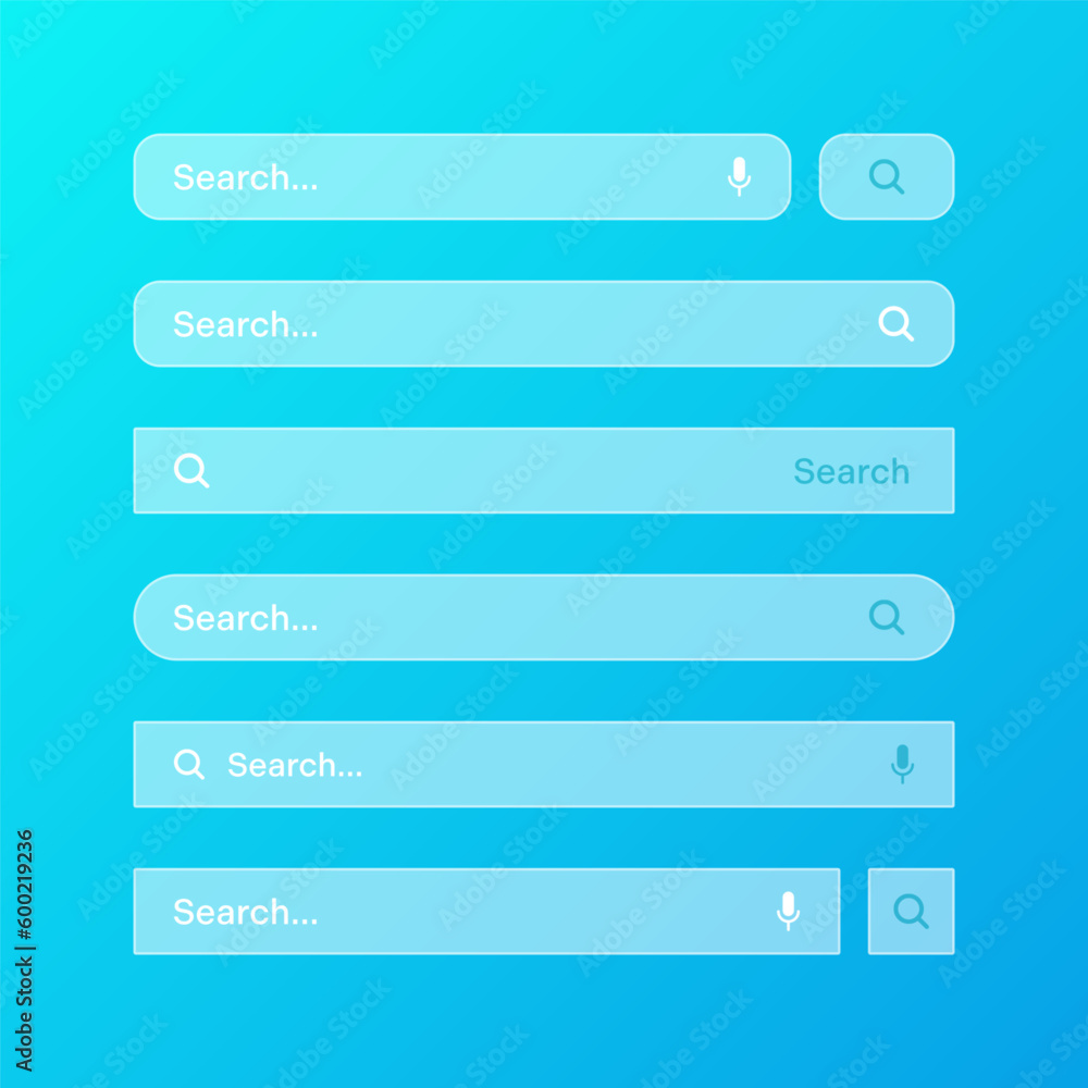 Various transparent search bar templates. Internet browser engine with search box, address bar and text field. UI design, website interface element with web icons and push button. Vector illustration Various transparent search bar templates. Internet browser engine with search box, address bar and text field. UI design, website interface element with web icons and push button. Vector illustration