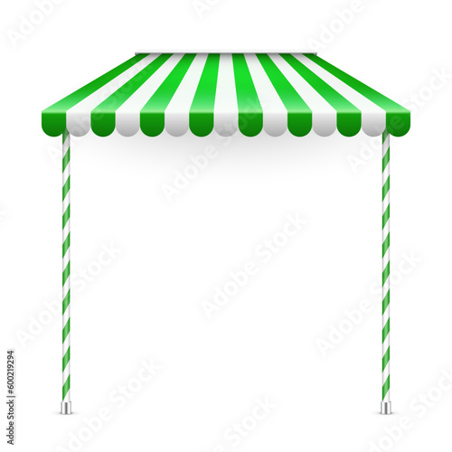 Green shop sunshade with stand holders. Realistic striped cafe awning. Outdoor market tent. Roof canopy. Summer street store. Vector illustration