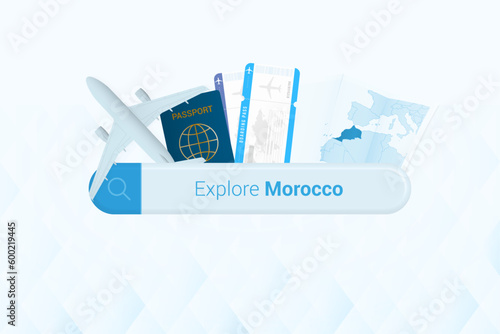 Searching tickets to Morocco or travel destination in Morocco. Searching bar with airplane, passport, boarding pass, tickets and map.