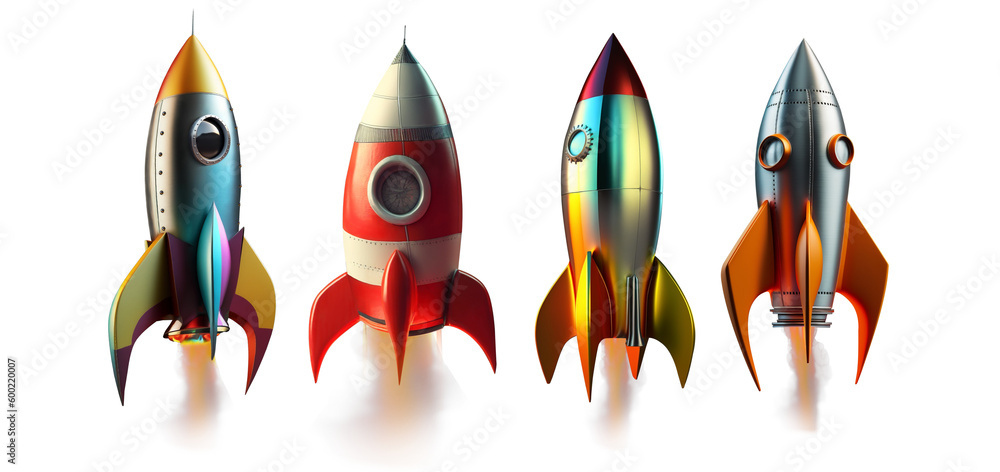 A collection of launched cartoon rockets isolated on clear PNG ...
