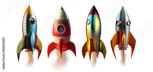 A collection of launched cartoon rockets isolated on clear PNG background, made of precious metal. Successful start concept.