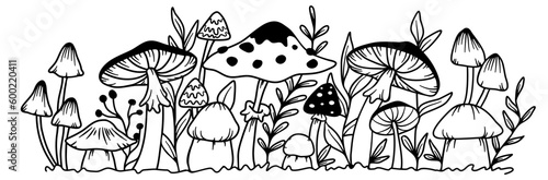 A row of forest mushrooms. Outline vector design.
