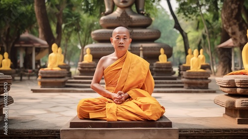 Valokuva A monk meditating in the lotus position in front of golden Buddhas, Generative A
