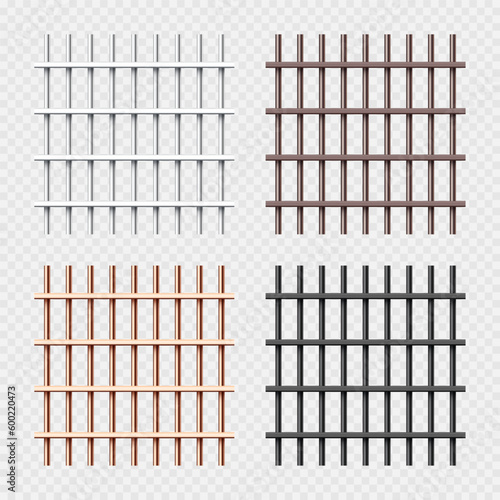 Various shiny metal prison bars collection. Realistic detailed jail cage, prison iron fence. Criminal background mockup. Vector illustration