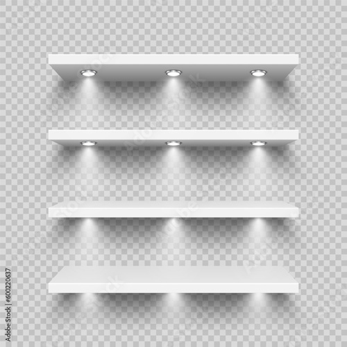 Realistic white store shelves with lighting, spotlights. Empty product shelf, grocery wall rack. Mall and supermarket furniture, bookshelf. Modern interior design element. Vector illustration