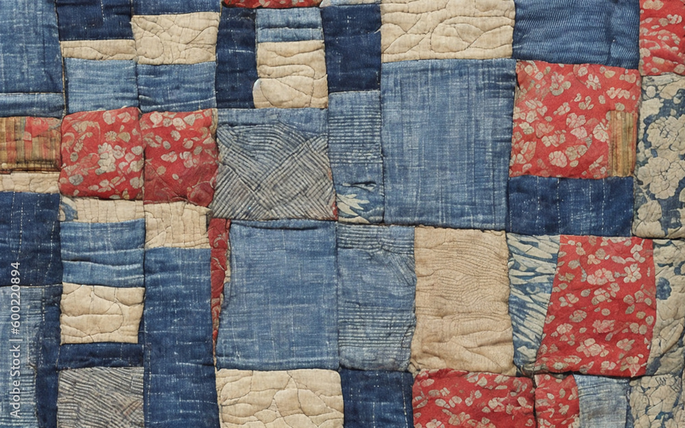 Decorative retro background with patchwork in Japanese Boro style. Generative AI Decorative retro background with patchwork in Japanese Boro style. Generative AI