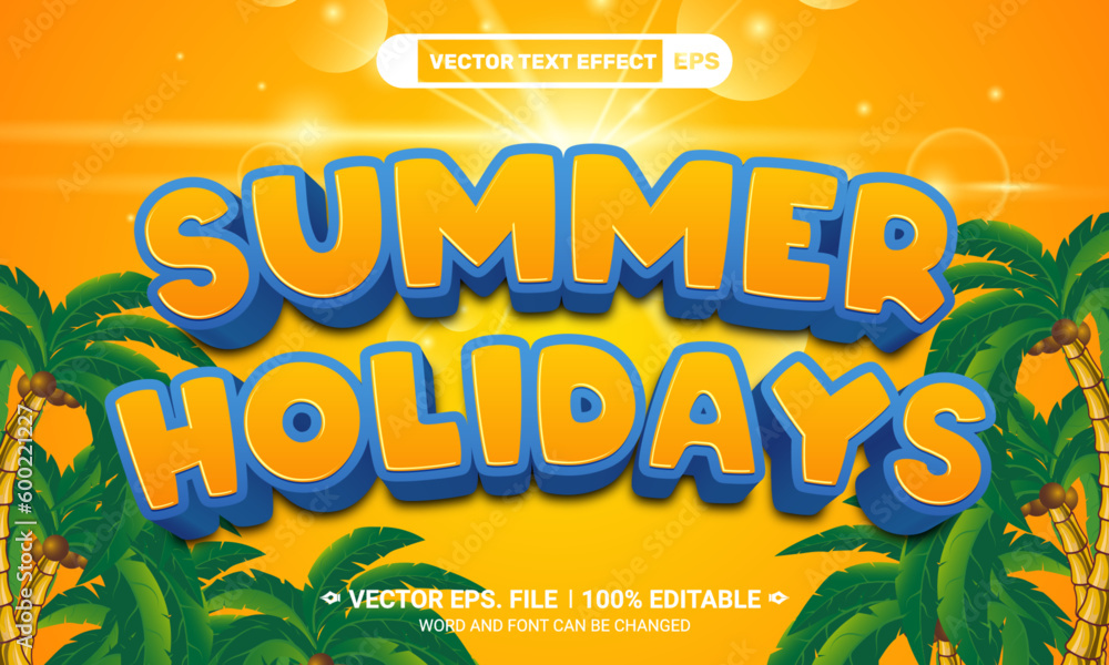 Summer holidays editable 3d vector text effect on palm tree and yellow background